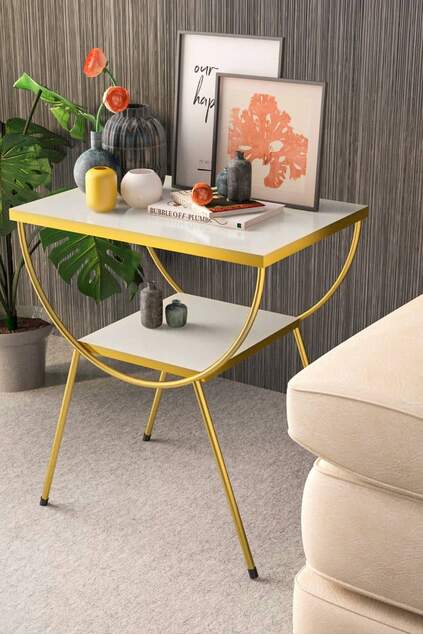 Side Table Nightstand Metal Leg Gold White