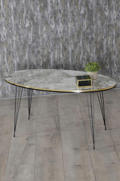 Nesting Table And Center Table Ellipse Set Black Wire Leg Double Gold Cream