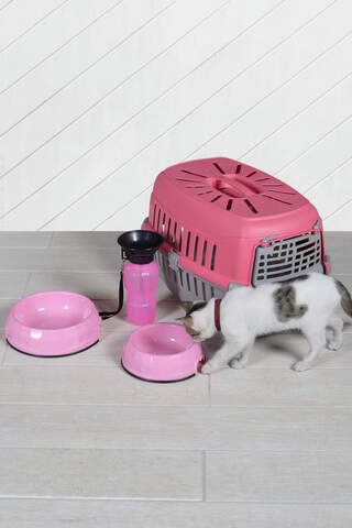 Cat Dog Carrying Bag Food Container And Drinker Pink