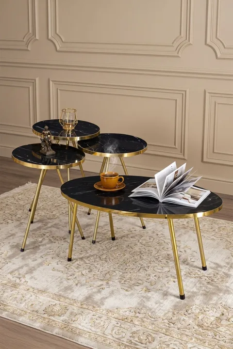 Ovale salontafel en mimisettafelset met goudkleurige metalen poten - Goud Bendir