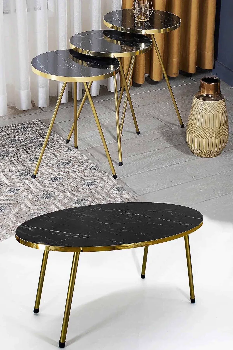 Oval Coffee & Nesting Table Set Gold Metal Legs - Gold Bendir