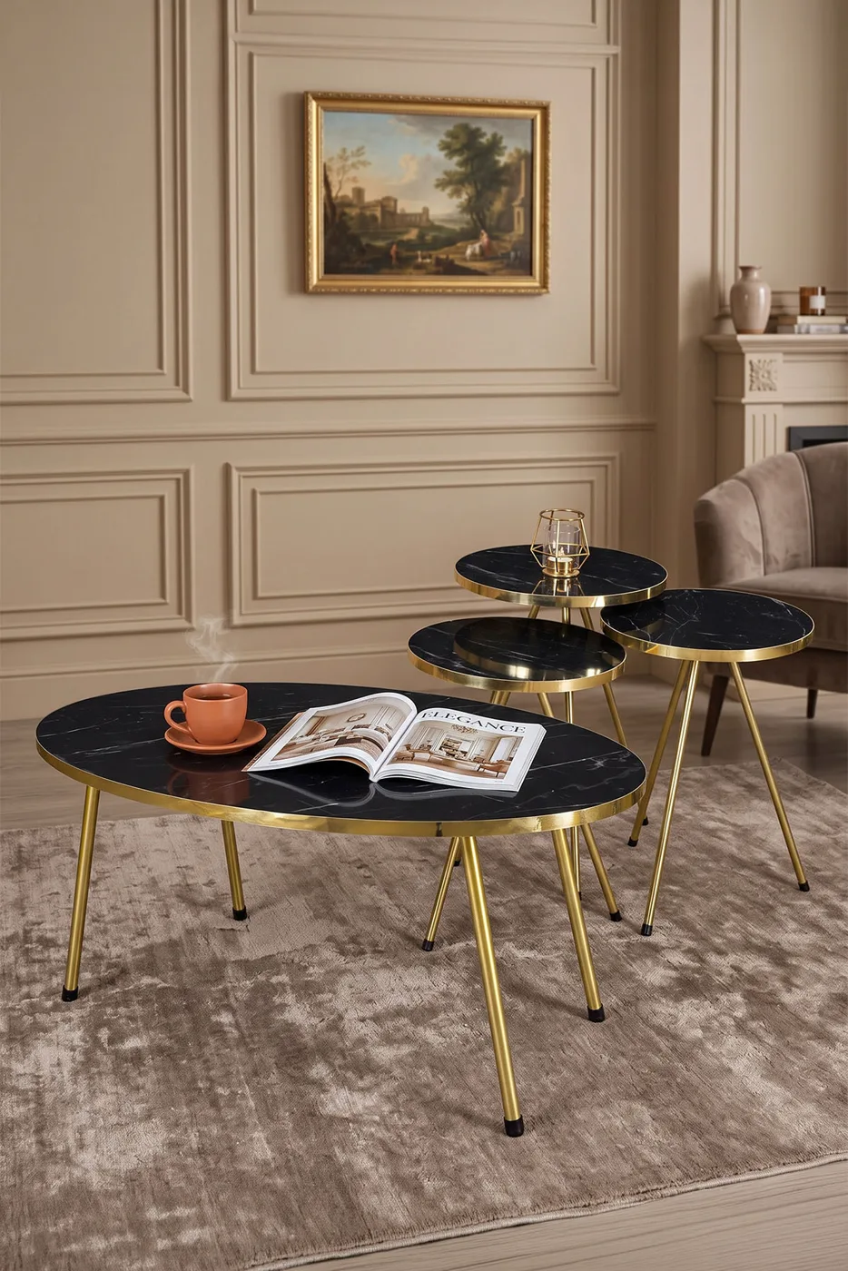 Ensemble de tables basses et gigognes ovales pieds en métal doré - doré Bendir