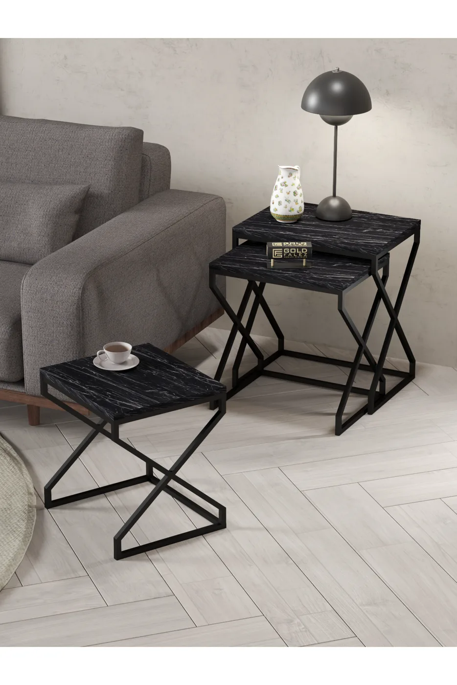 Ensemble de tables gigognes carrées 3 pièces pieds en forme de V - noir