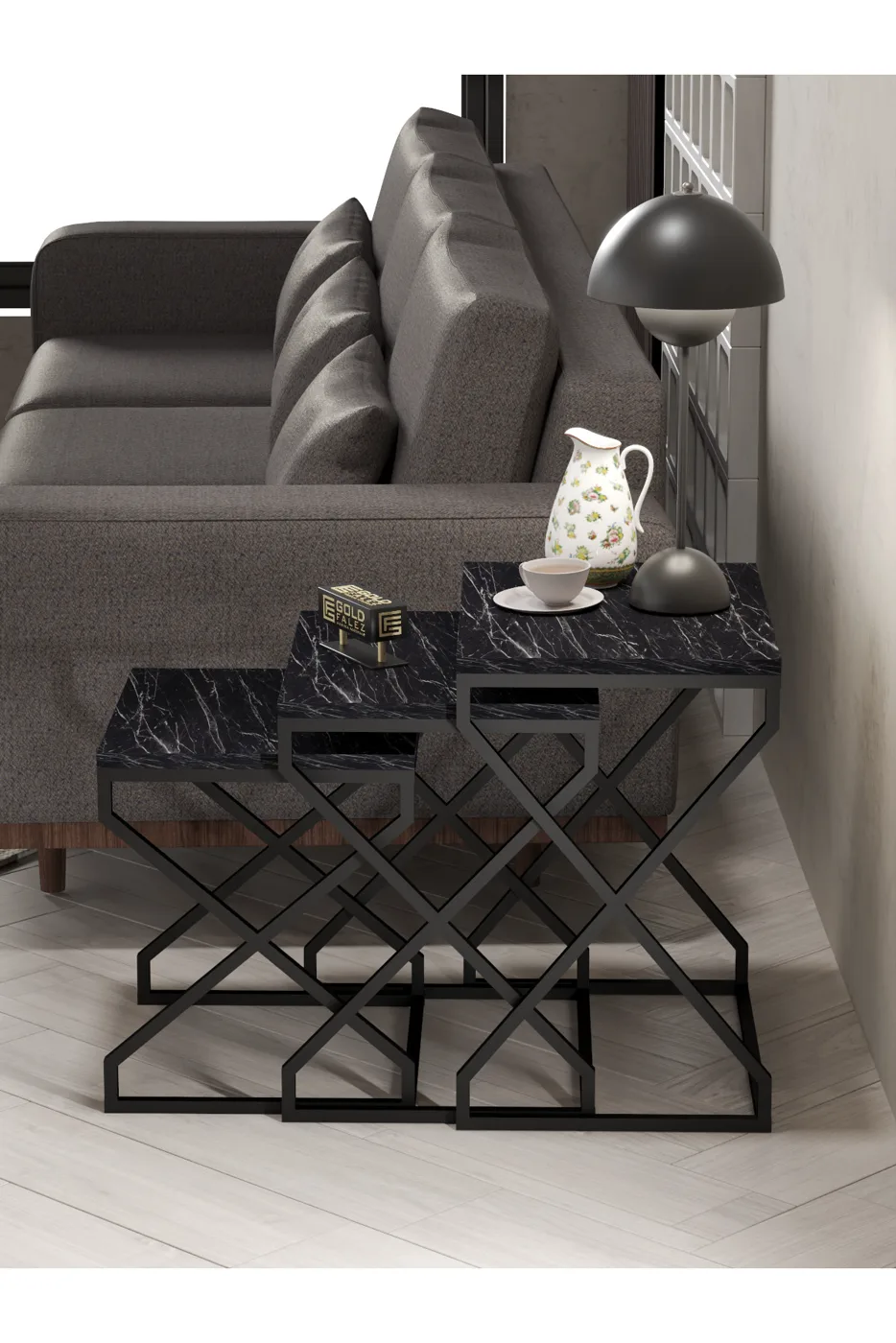 Ensemble de tables gigognes carrées 3 pièces pieds en forme de V - noir