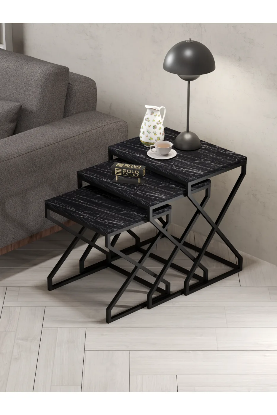 Ensemble de tables gigognes carrées 3 pièces pieds en forme de V - noir