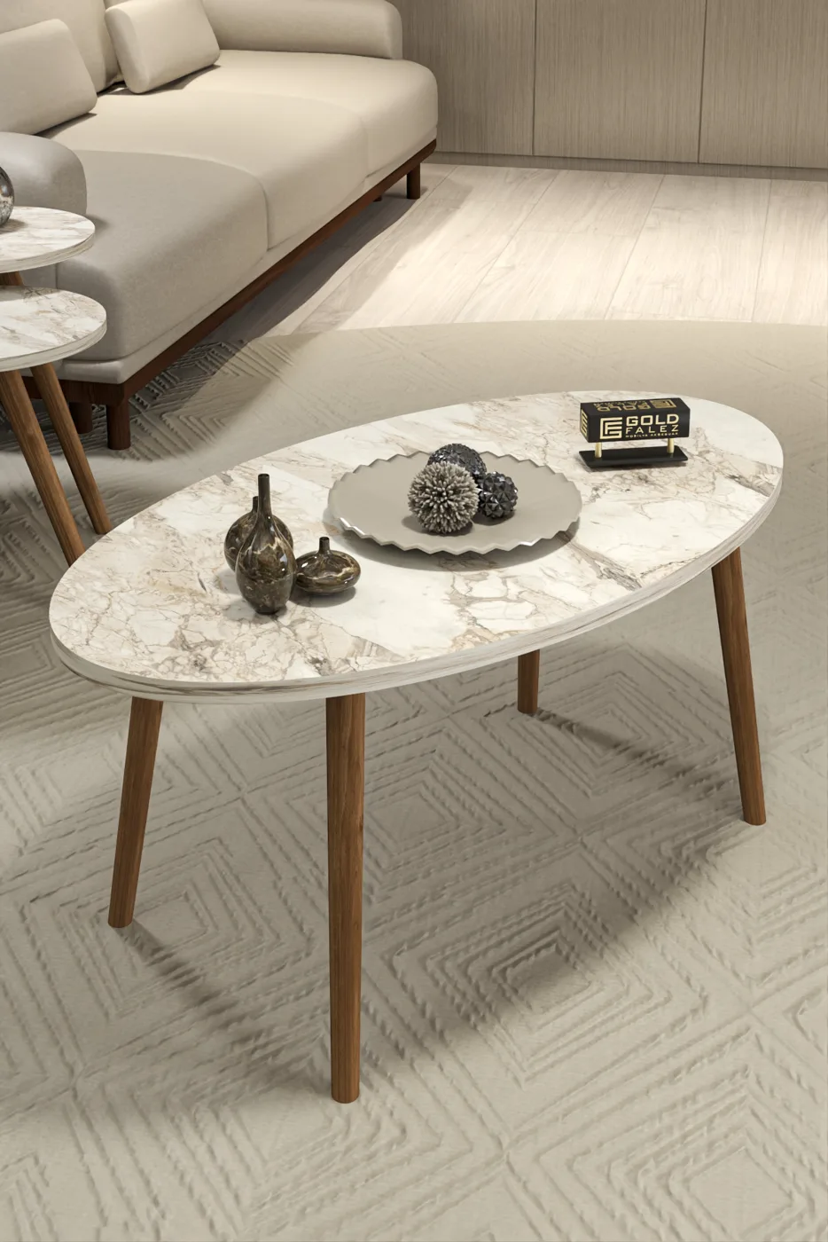 Ovale salontafel met gedraaide houten poten - Efes