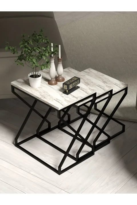 3-Piece Square Nesting Table Set V-Shaped Legs - Ecru