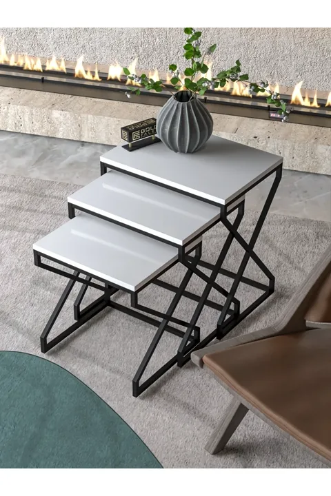 3-teiliges quadratisches Satztisch-Set V-förmige Beine - Weiß