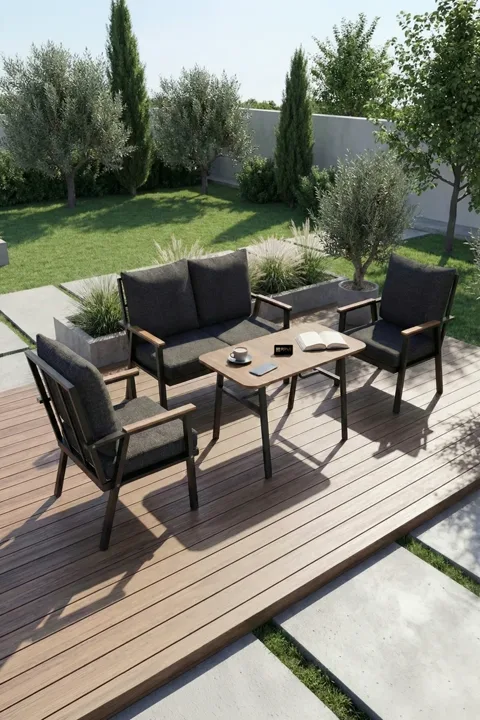 4-Piece Cushioned Metal Garden Balcony Seating Set - Grey