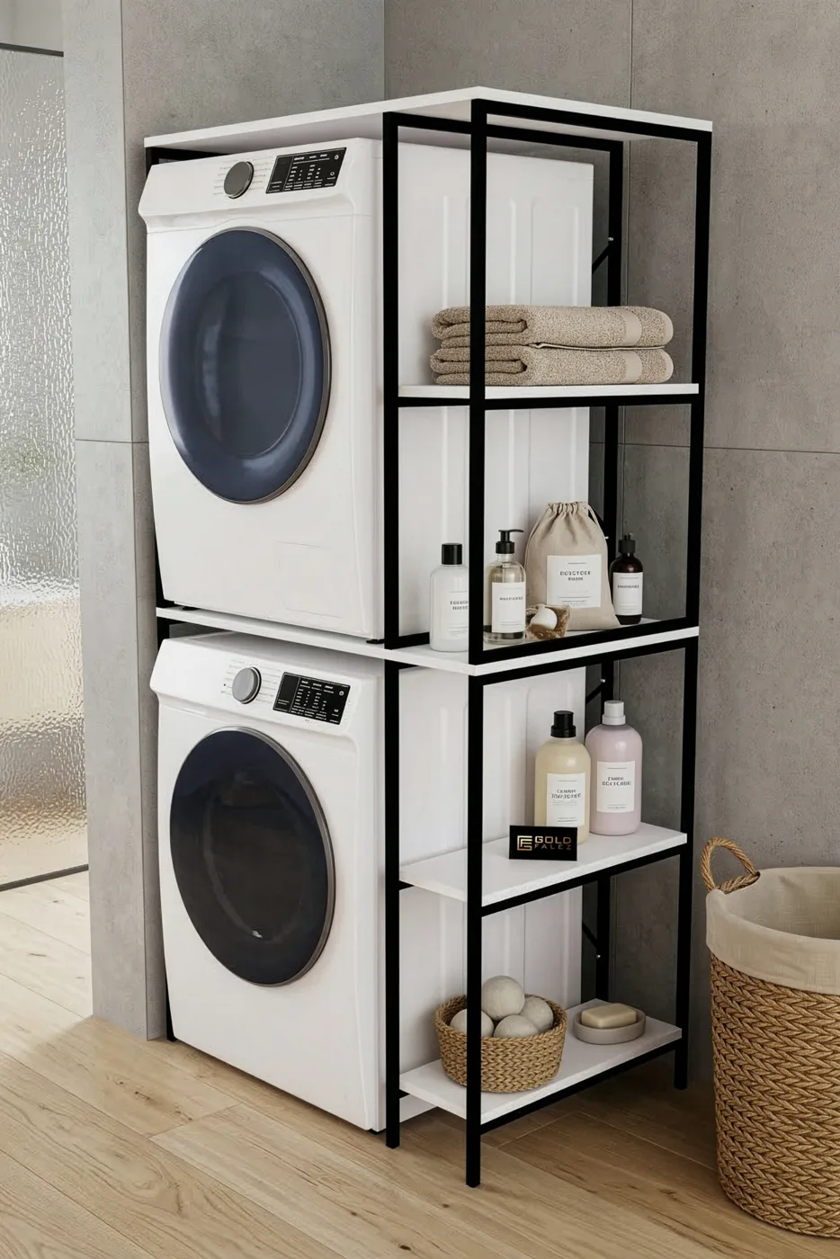 Washing Machine Cabinet with Shelf Metal Legs - Black