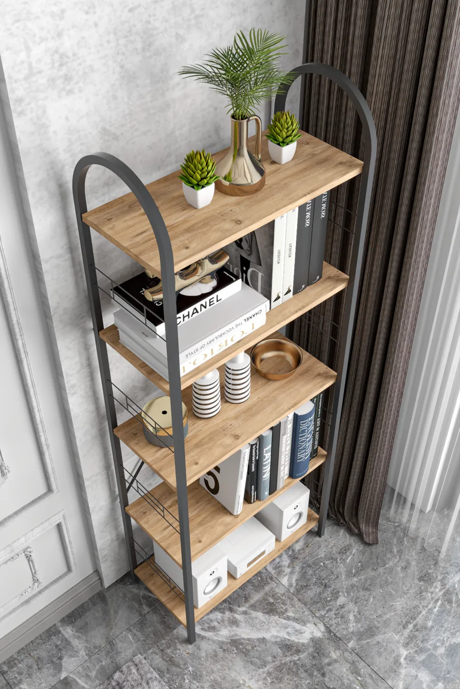 Bohemian 5-Shelf Metal Bookcase - Brown
