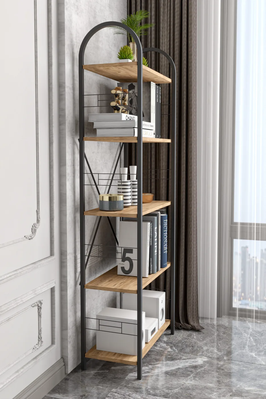 Bohemian 5-Shelf Metal Bookcase - Brown