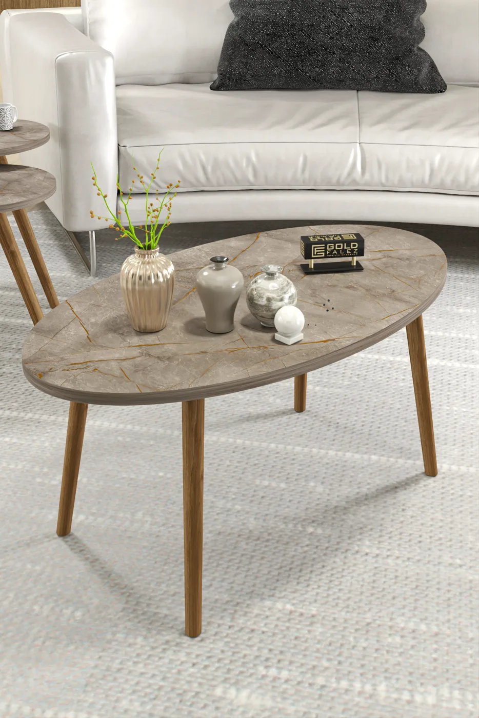 Turned Wooden Leg Oval Coffee Table - Multicolour