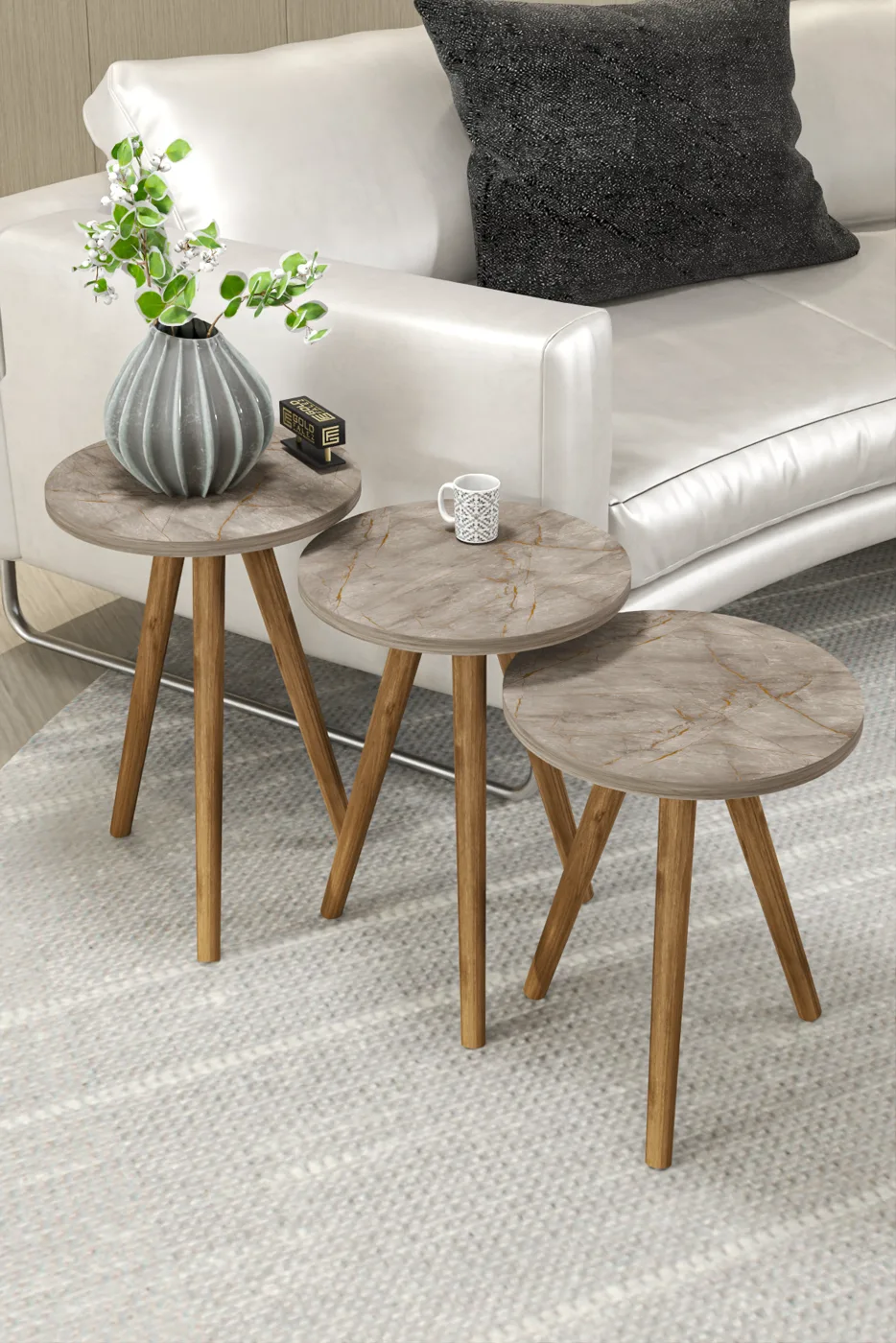 3-Piece Round Nesting Table Set Turned Wooden Legs - Multicolour