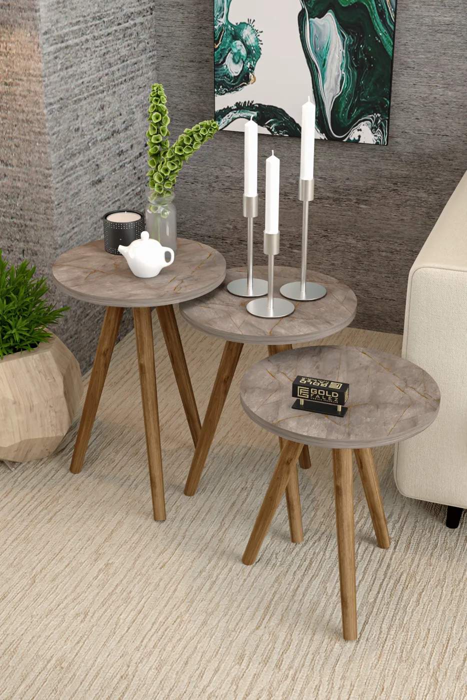 3-Piece Round Nesting Table Set Turned Wooden Legs - Multicolour