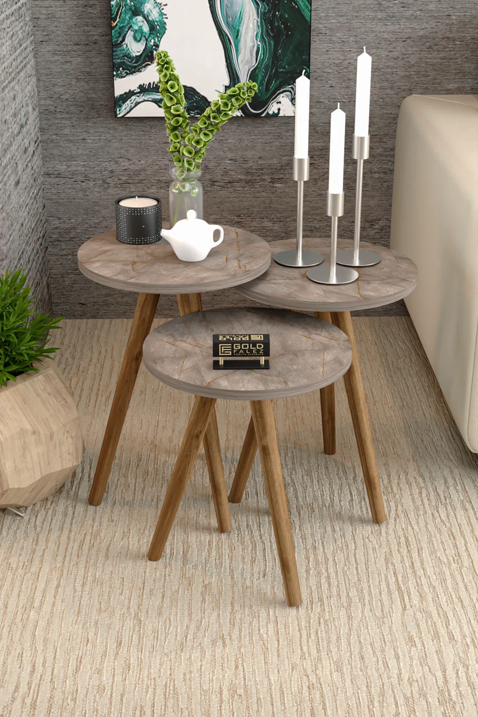 3-Piece Round Nesting Table Set Turned Wooden Legs - Multicolour