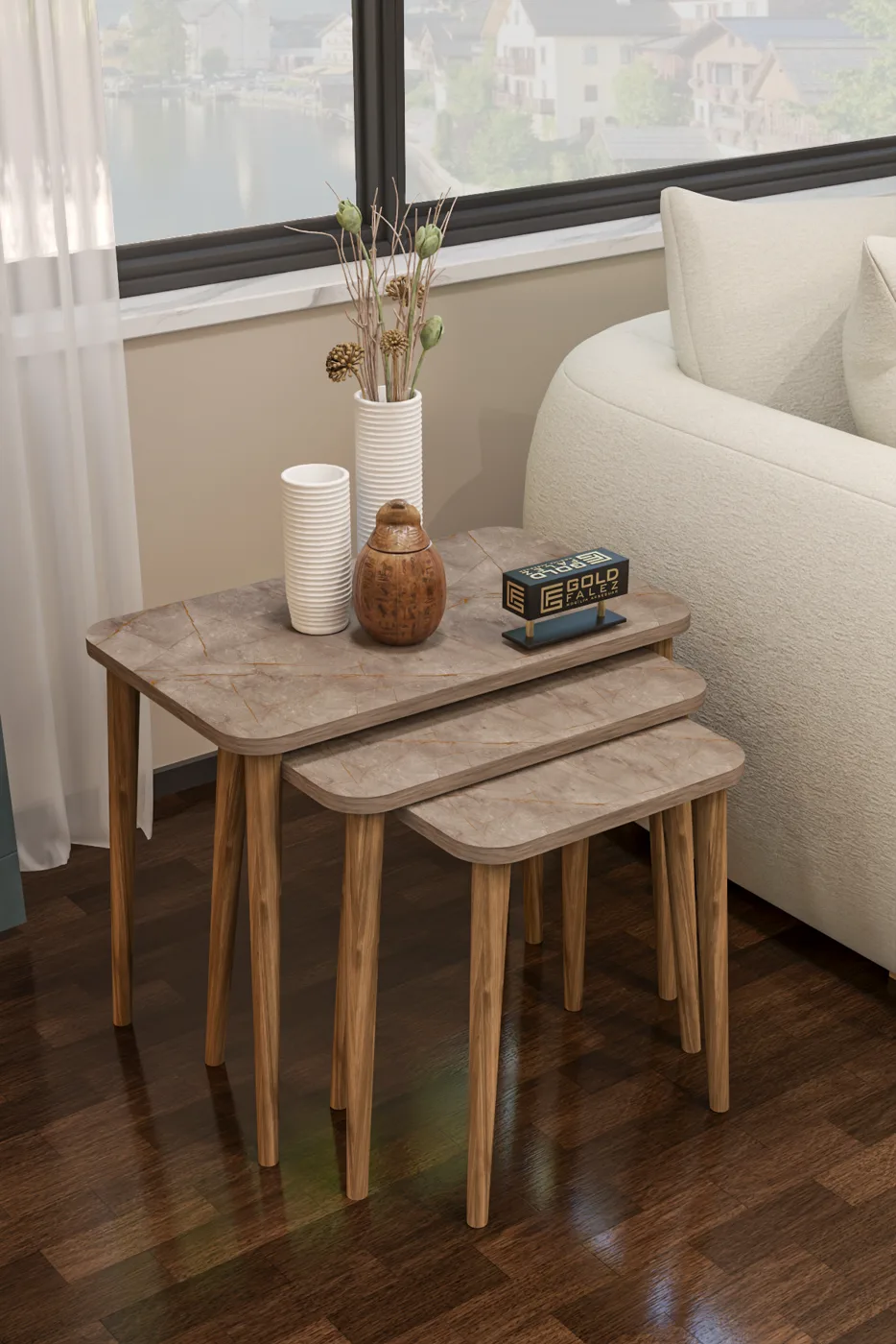 3-Piece Rectangular Nesting Table Set Turned Wooden Legs - Multicolour