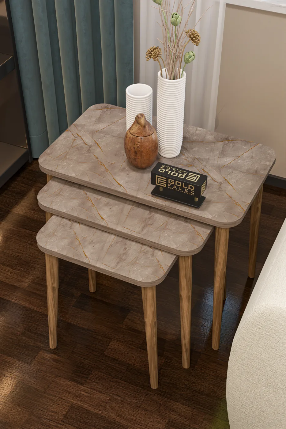 3-Piece Rectangular Nesting Table Set Turned Wooden Legs - Multicolour