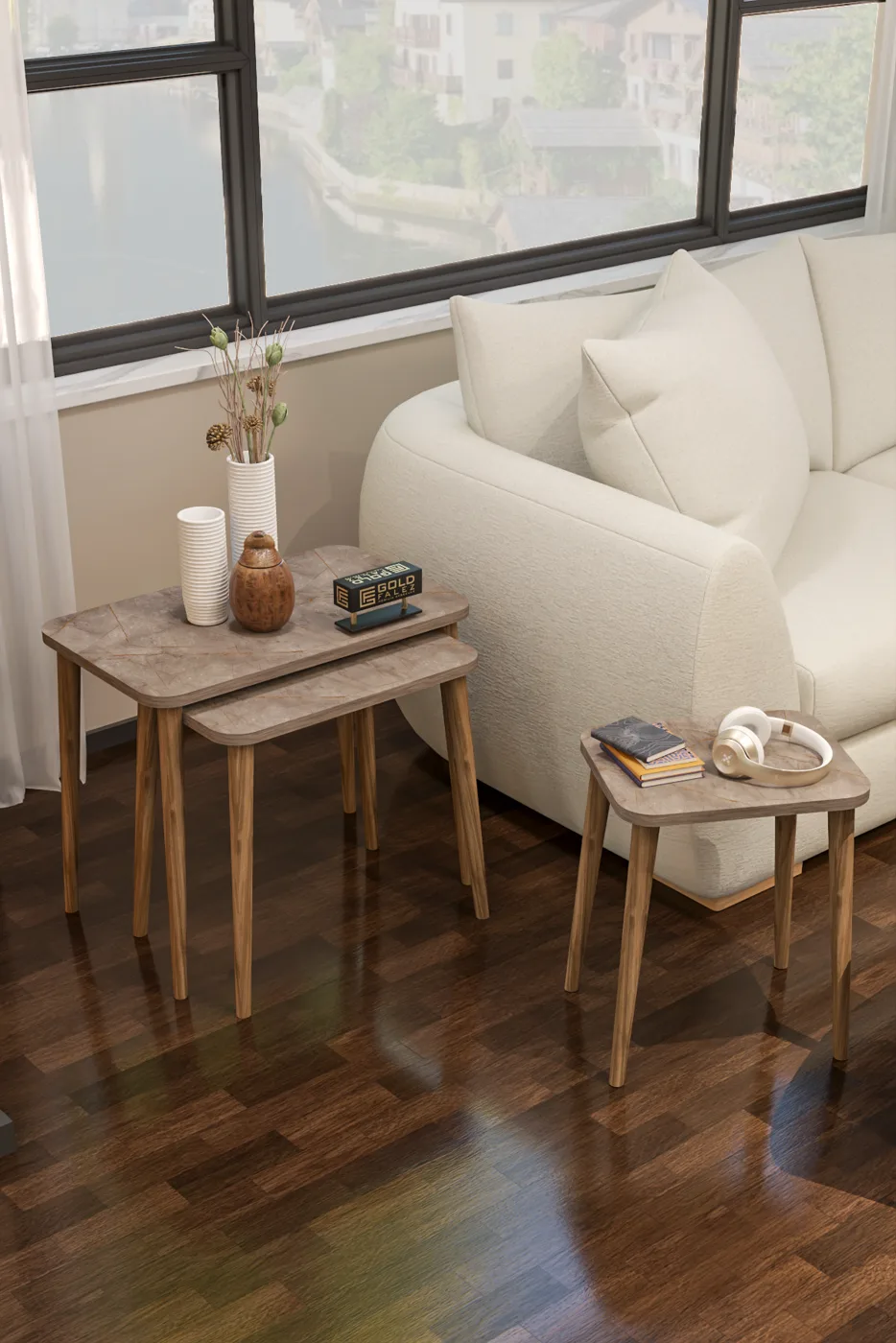 3-Piece Rectangular Nesting Table Set Turned Wooden Legs - Multicolour