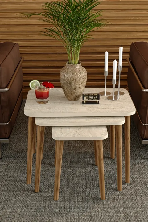 3-teiliges rechteckiges Satztisch-Set gedrechselte Holzbeine - Beige
