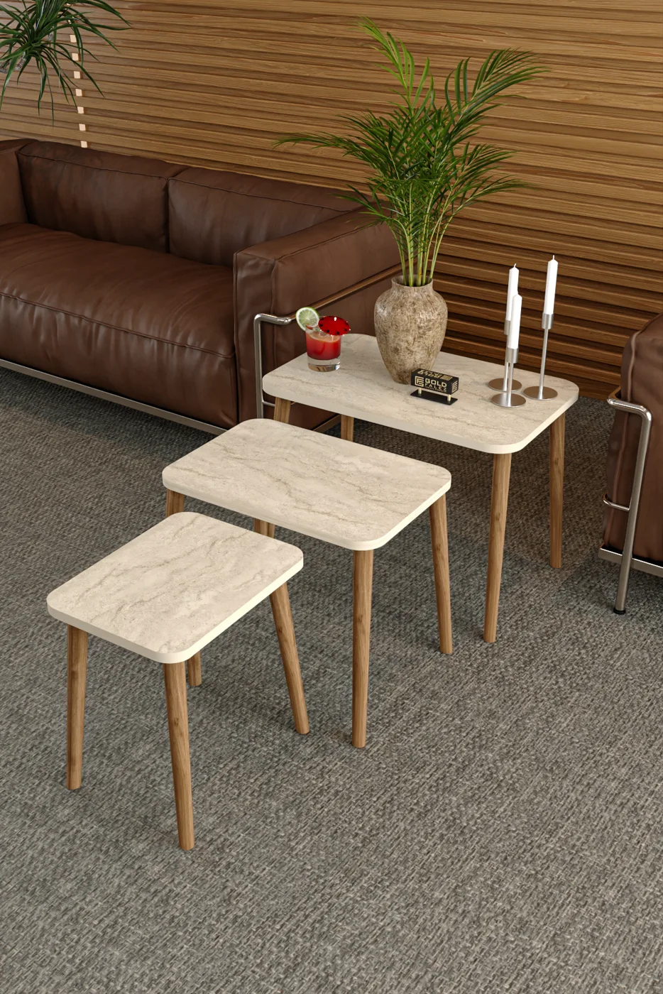 3-Piece Rectangular Nesting Table Set Turned Wooden Legs - Beige