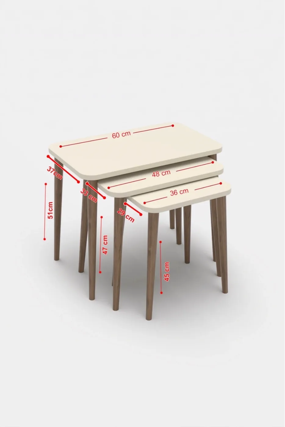 3-Piece Rectangular Nesting Table Set Turned Wooden Legs - Beige