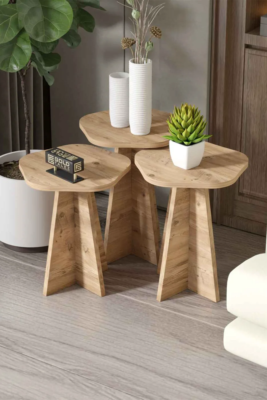 Cicek Geometric Nesting Table Set - Brown