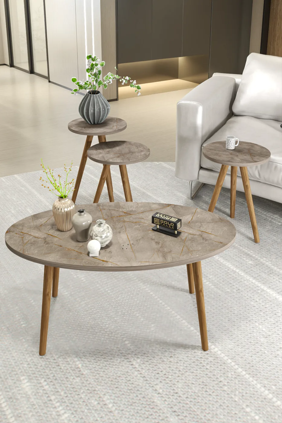 Turned Wooden Leg Oval Coffee & Nesting Table Set - Metallic