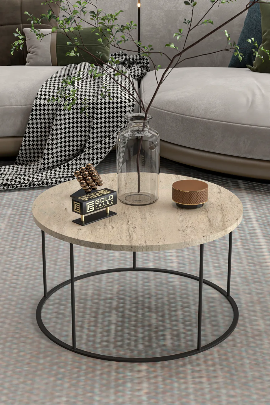 Terra Round Coffee Table Black Metal Legs - Beige