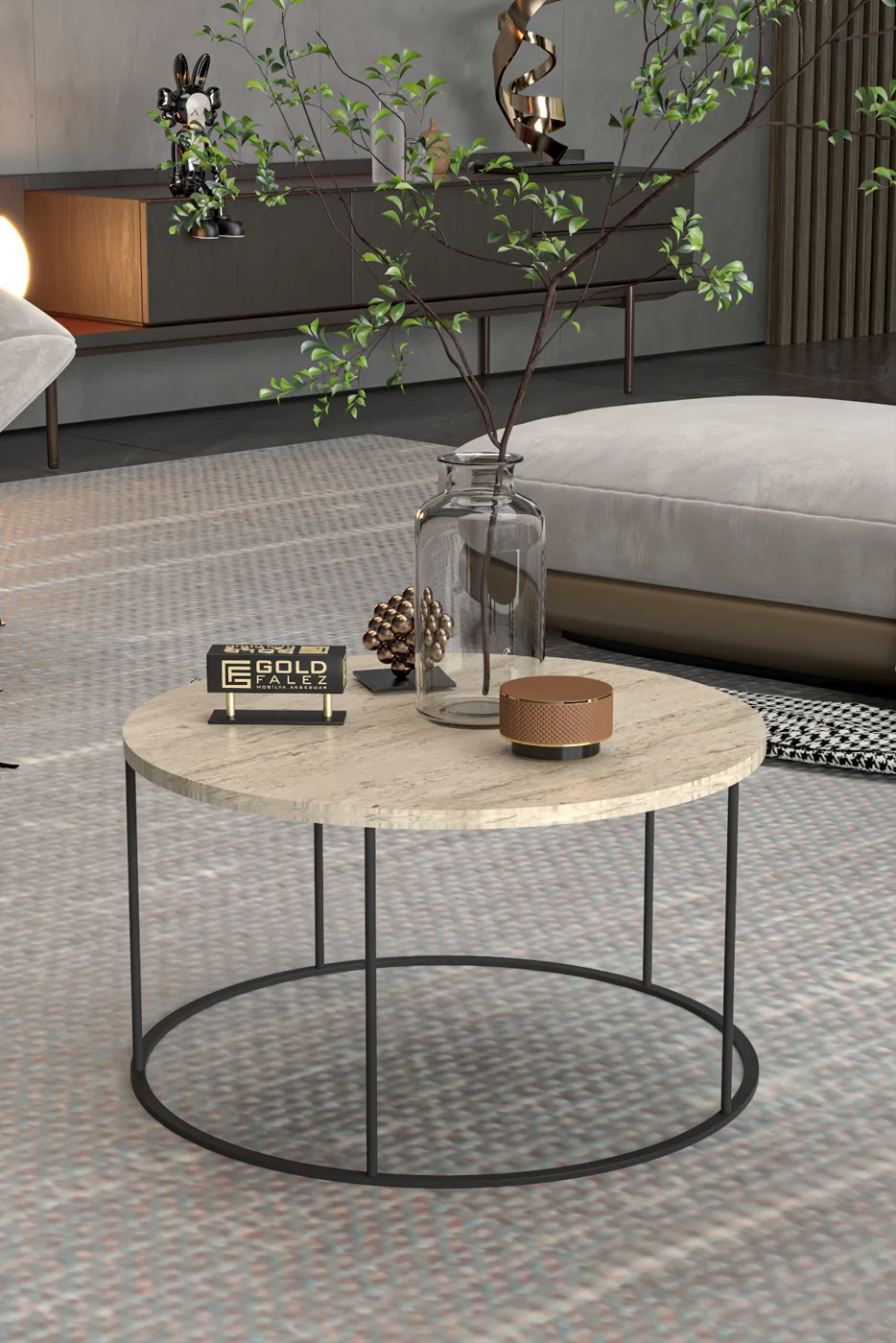 Terra Round Coffee Table Black Metal Legs - Beige