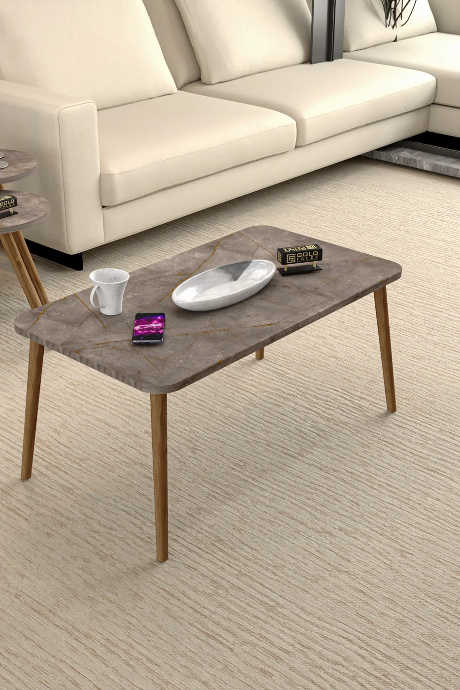 Square Coffee & Nesting Table Set Turned Wooden Legs - Multicolour