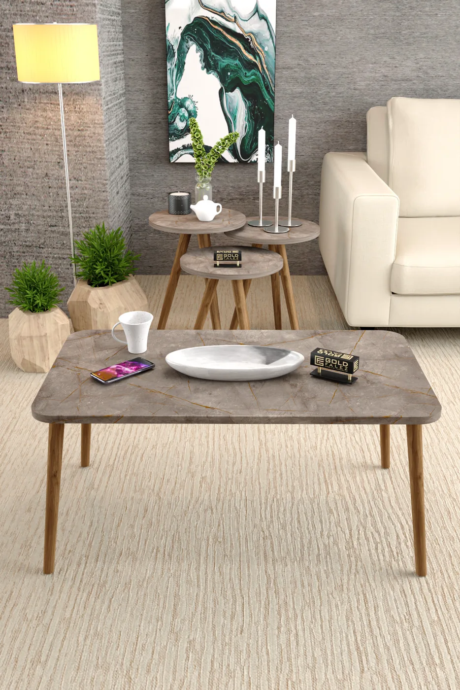 Square Coffee & Nesting Table Set Turned Wooden Legs - Multicolour