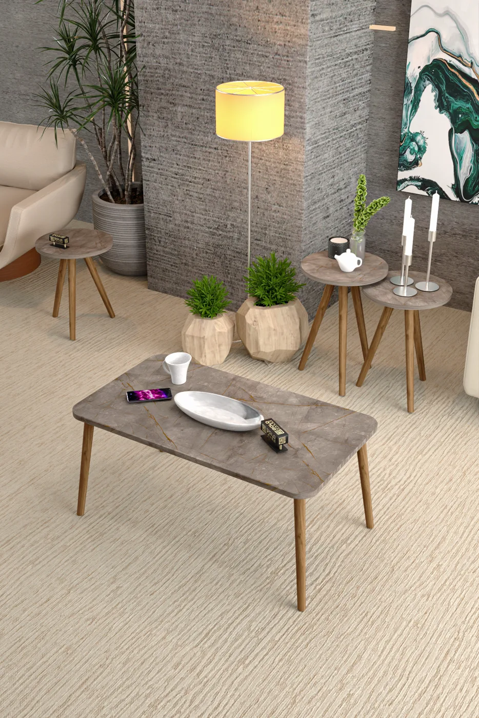 Square Coffee & Nesting Table Set Turned Wooden Legs - Multicolour