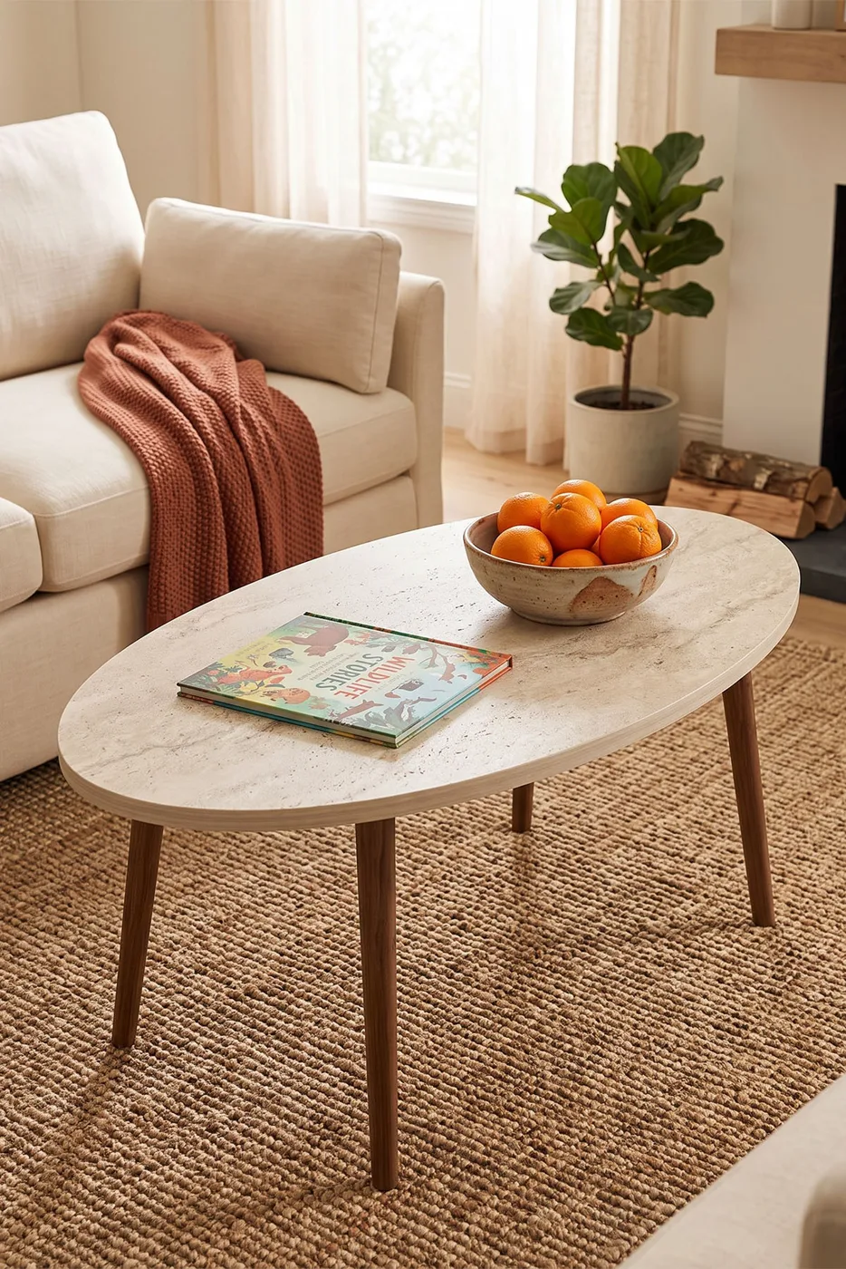 Turned Wooden Leg Oval Coffee Table - Ecru