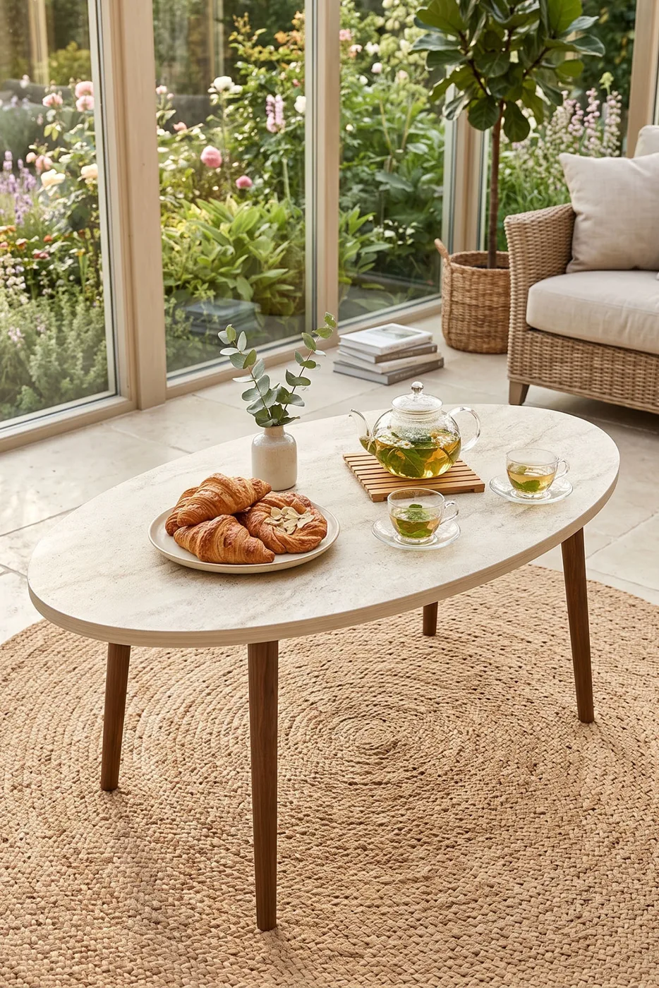 Turned Wooden Leg Oval Coffee Table - Ecru