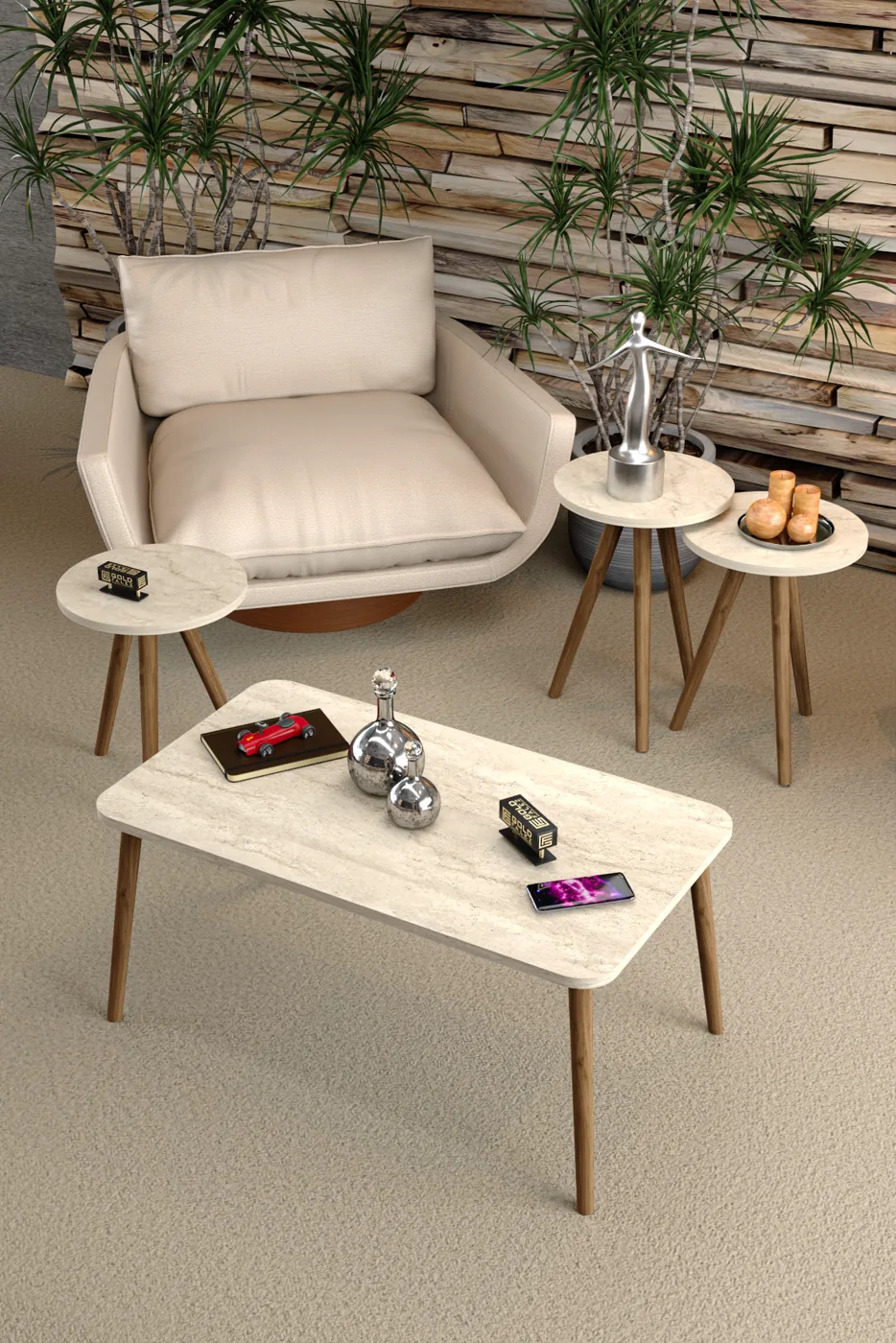 Square Coffee & Nesting Table Set Turned Wooden Legs - Beige