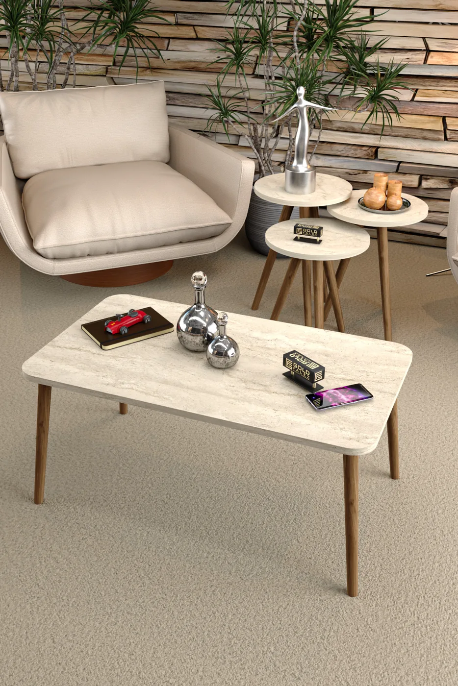 Square Coffee & Nesting Table Set Turned Wooden Legs - Beige