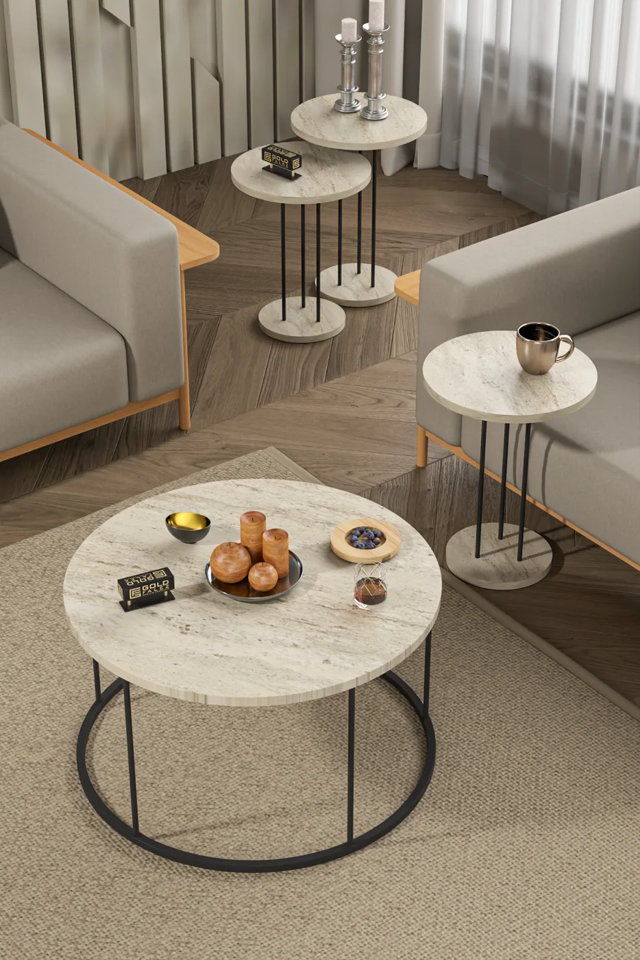 Terra Round Coffee & Nesting Table Set Black Metal Legs - Beige