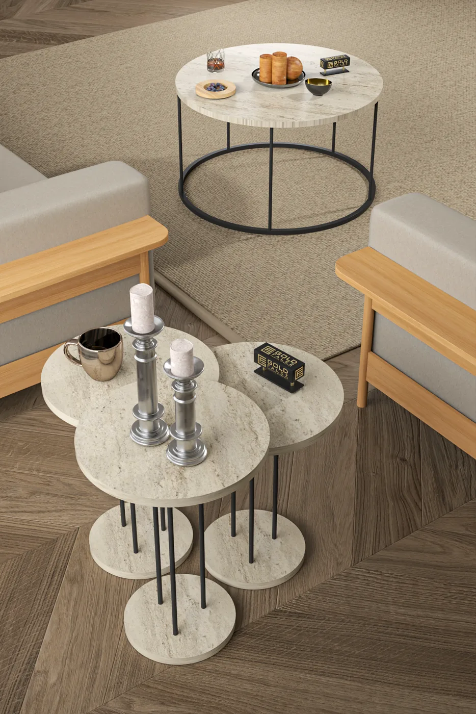 Terra Round Coffee & Nesting Table Set Black Metal Legs - Beige