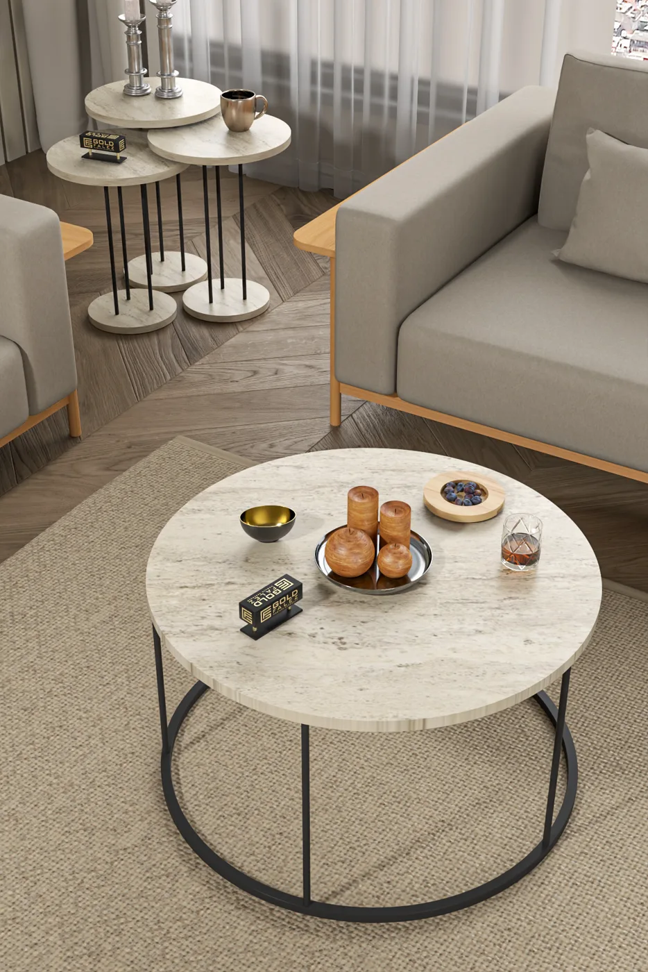 Terra Round Coffee & Nesting Table Set Black Metal Legs - Beige