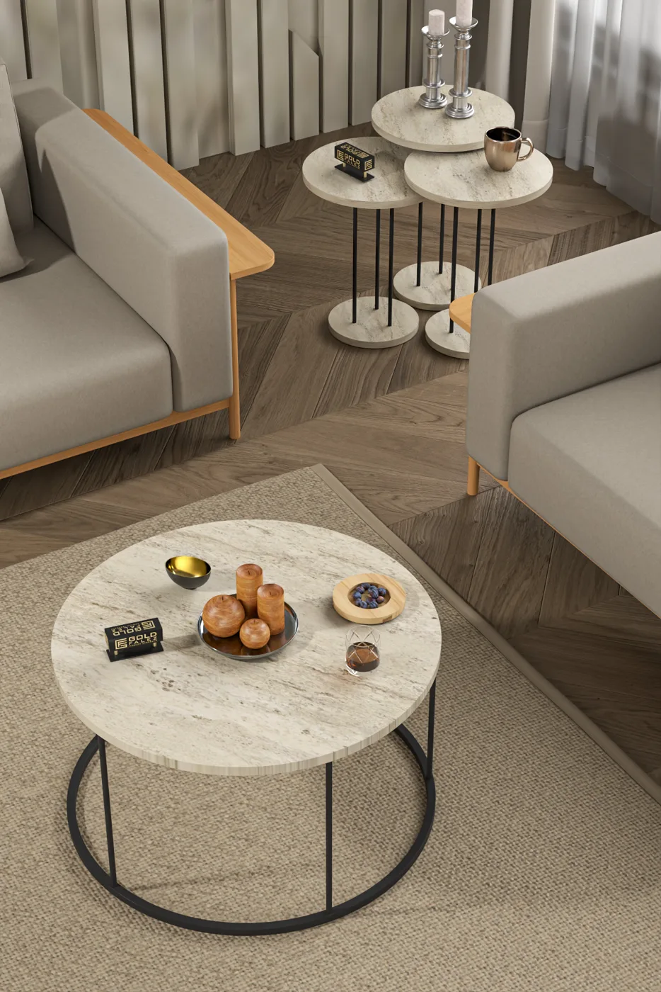 Terra Round Coffee & Nesting Table Set Black Metal Legs - Beige