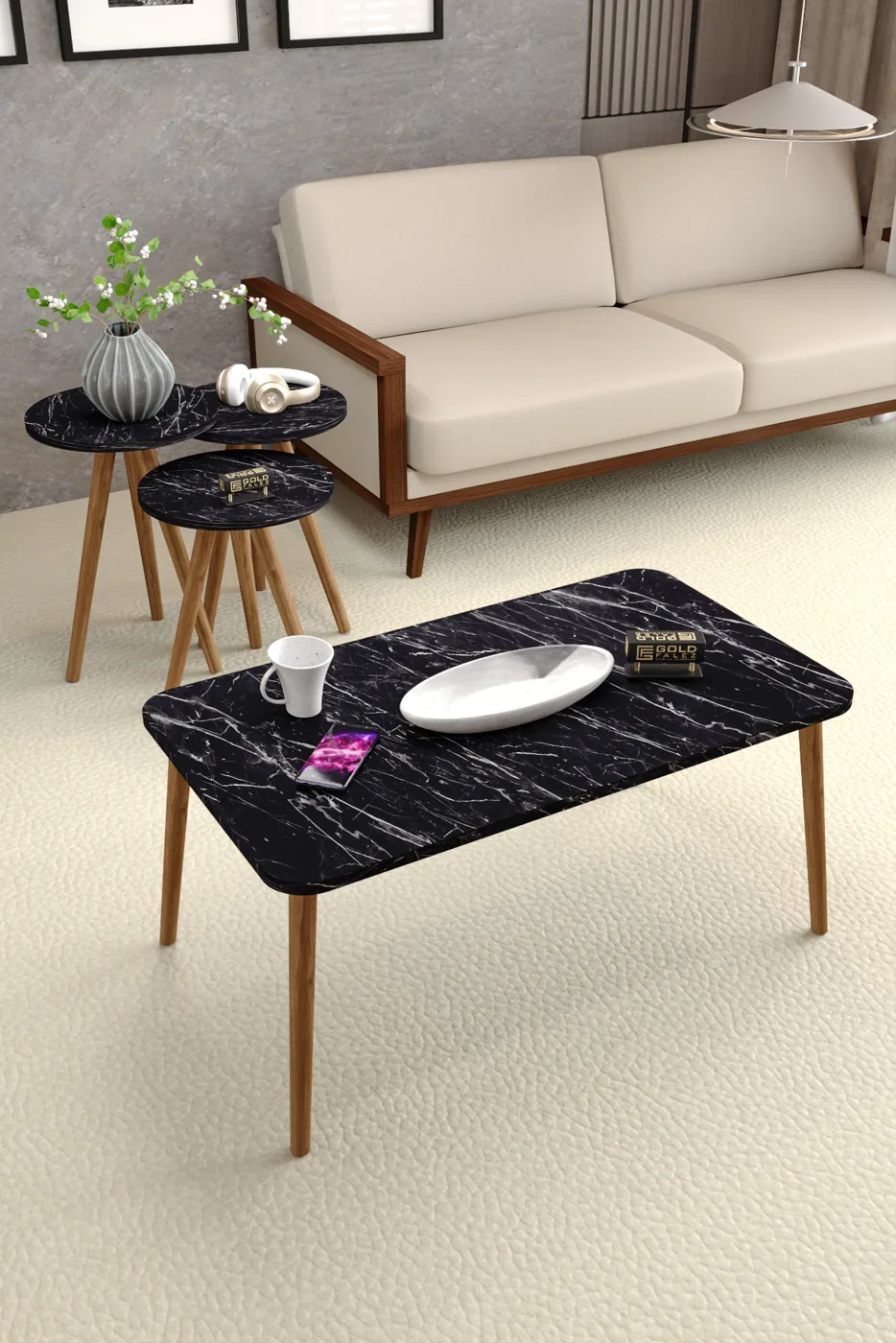 Square Coffee & Nesting Table Set Turned Wooden Legs - Black