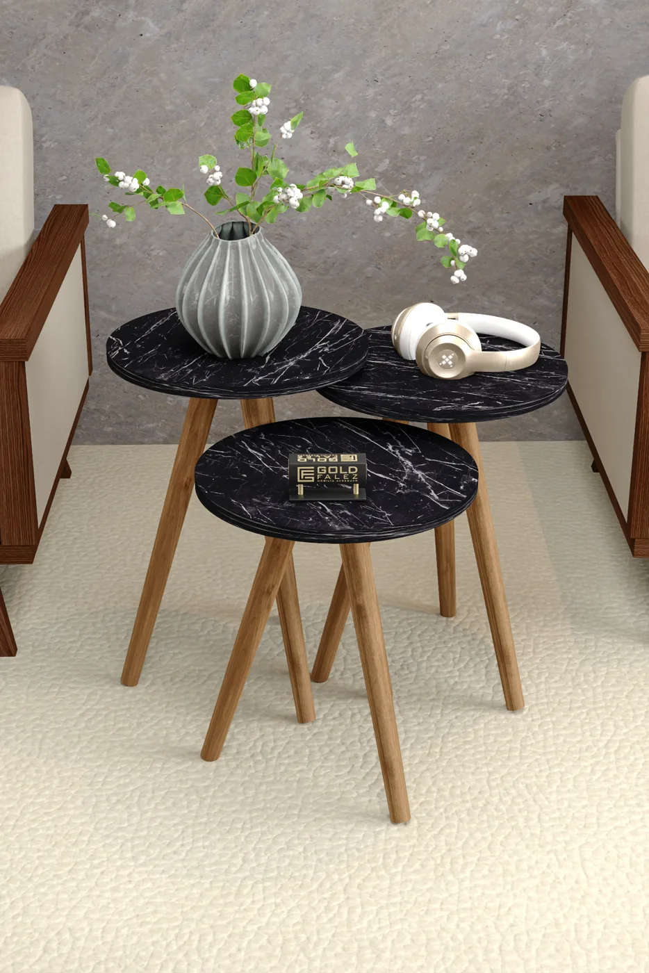 Square Coffee & Nesting Table Set Turned Wooden Legs - Black