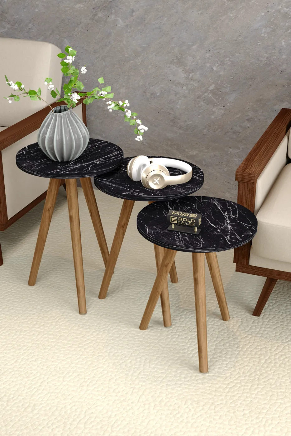 Square Coffee & Nesting Table Set Turned Wooden Legs - Black