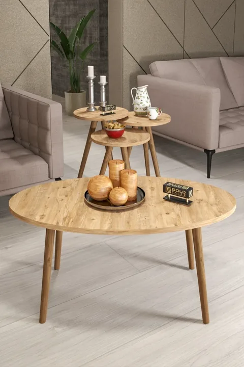 Ovales Couch- und Satztisch-Set mit gedrechselten Holzbeinen - Braun