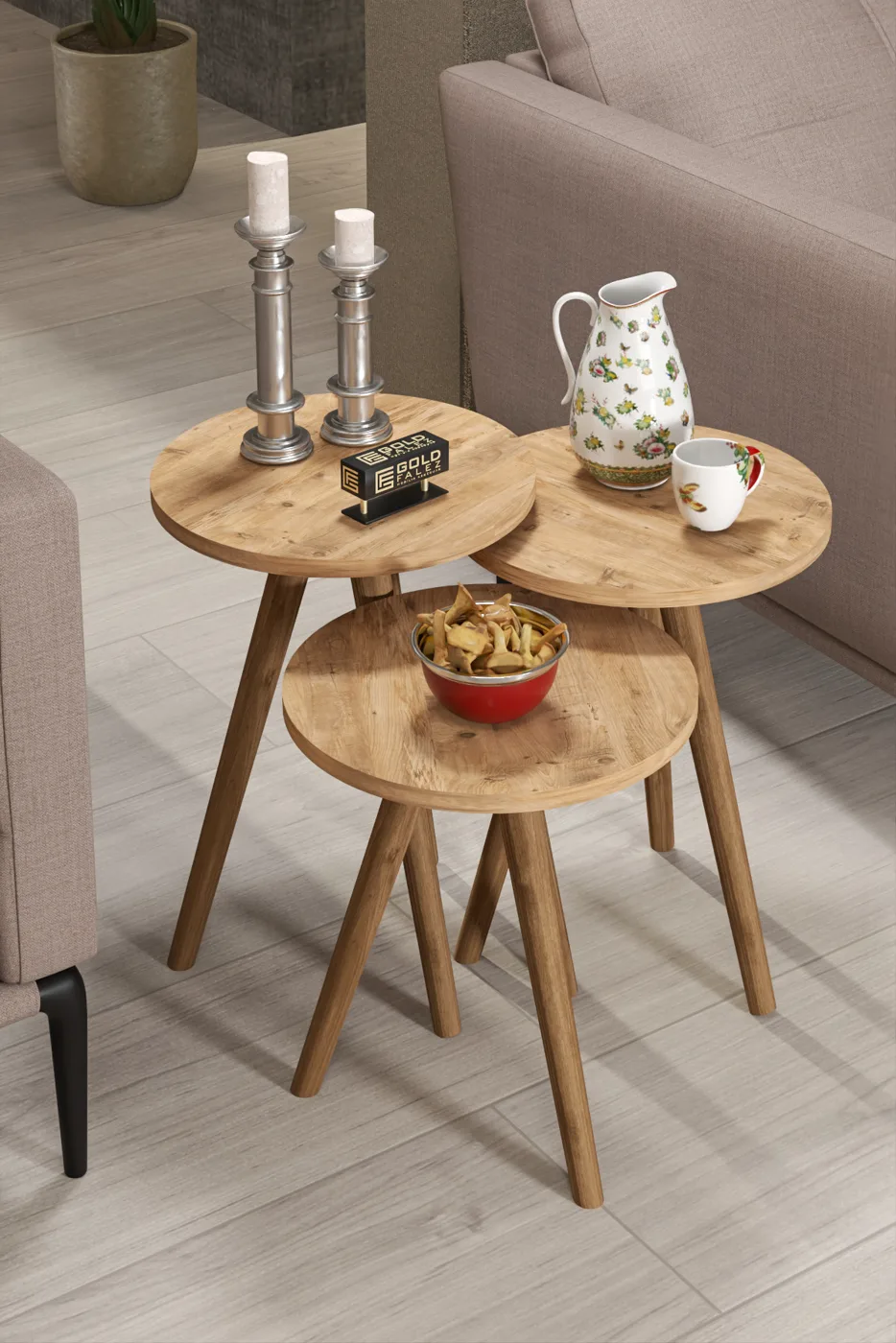 Turned Wooden Leg Oval Coffee & Nesting Table Set - Brown