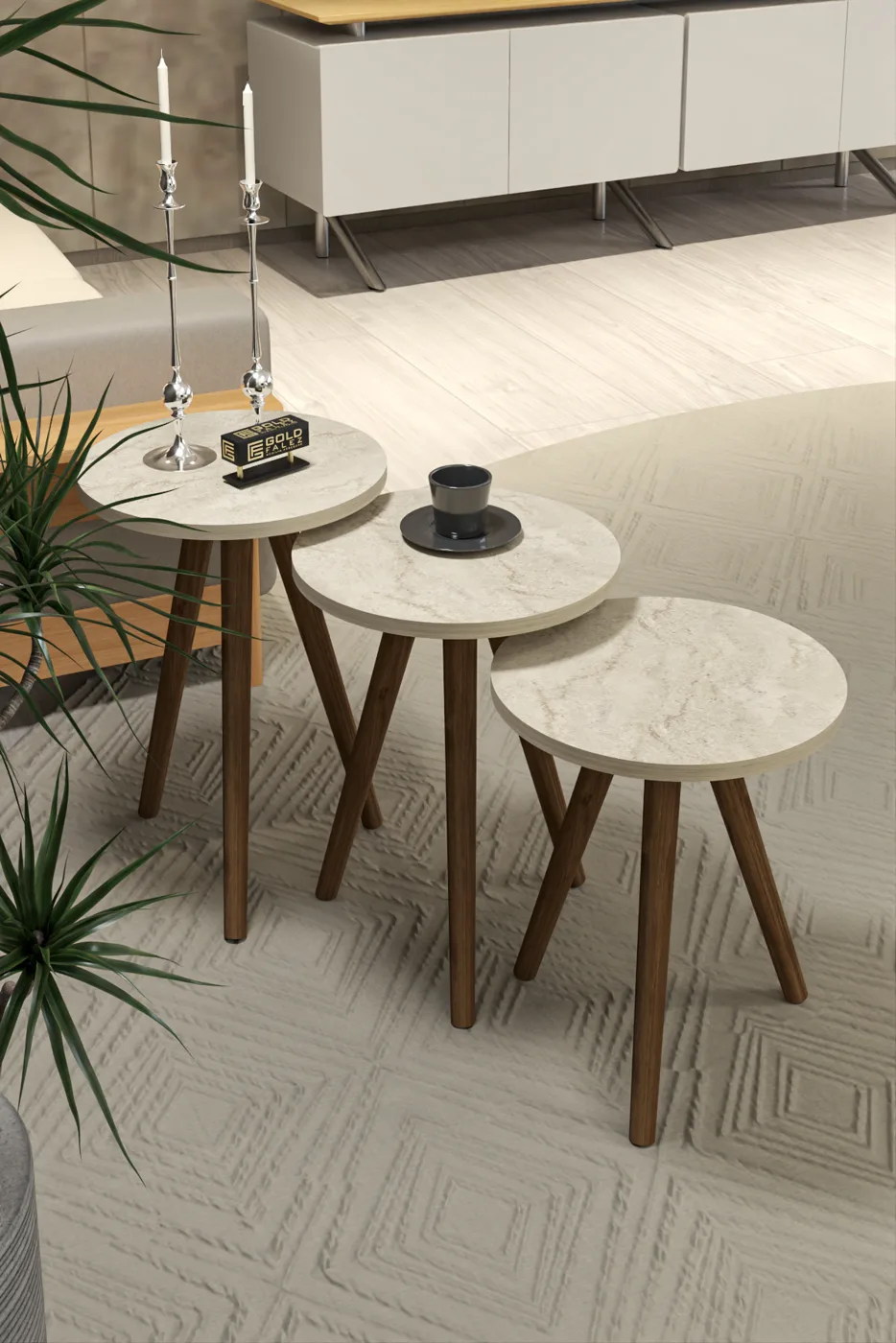 3-Piece Round Nesting Table Set Turned Wooden Legs - Ecru