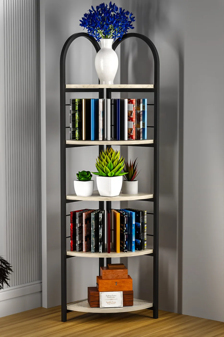 Bohemian Corner Bookcase & Planter Stand - Beige