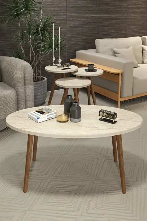 Turned Wooden Leg Oval Coffee & Nesting Table Set - Multicolour