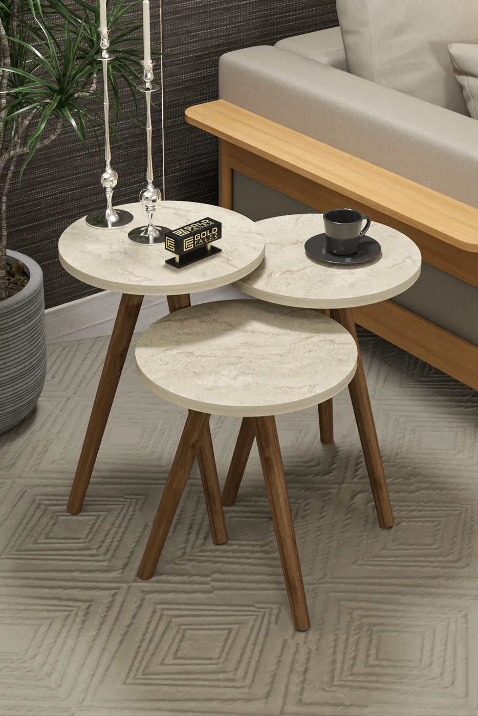 Turned Wooden Leg Oval Coffee & Nesting Table Set - Multicolour